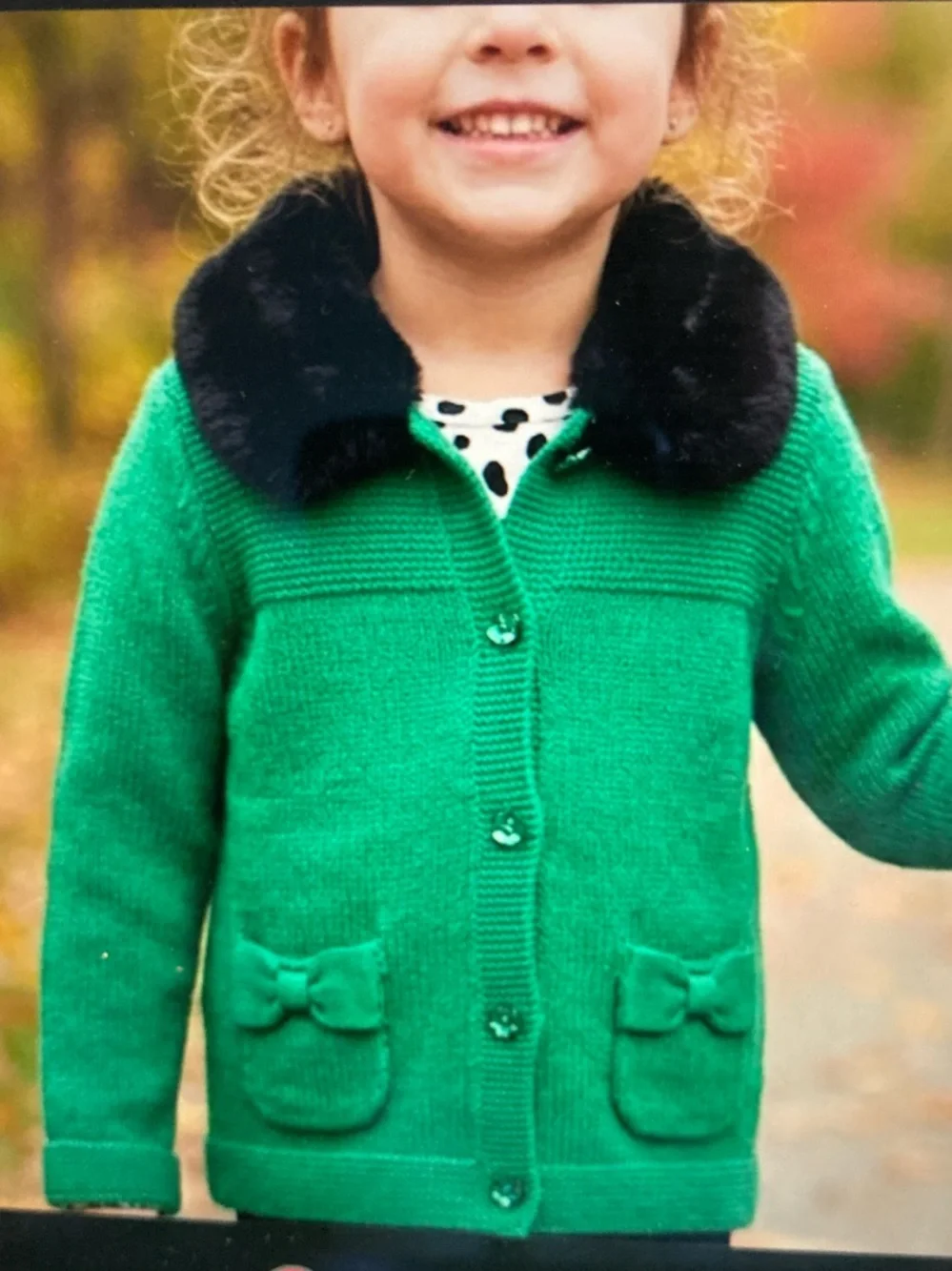 Gymboree Faux Fur Collar Knit Cardigan Sweater Bow Pockets Green NWT S601